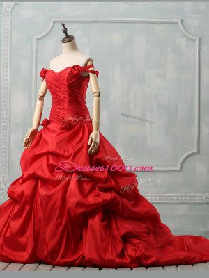 Deluxe Red Taffeta Lace Up Quinceanera Dresses Sleeveless Court Train Pick Ups and Hand Made Flower