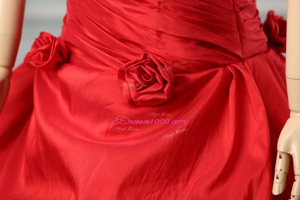 Deluxe Red Taffeta Lace Up Quinceanera Dresses Sleeveless Court Train Pick Ups and Hand Made Flower