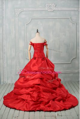 Deluxe Red Taffeta Lace Up Quinceanera Dresses Sleeveless Court Train Pick Ups and Hand Made Flower