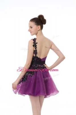 One Shoulder Sleeveless Organza Dress for Prom Beading and Lace and Appliques Zipper