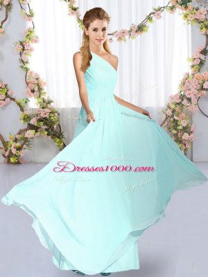 High End Sleeveless Chiffon Floor Length Lace Up Bridesmaid Dresses in Blue with Ruching