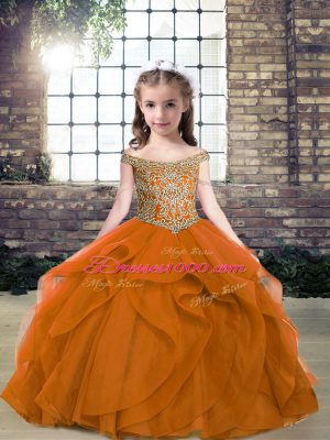 Orange Ball Gowns Organza and Tulle Off The Shoulder Sleeveless Beading Floor Length Lace Up Party Dress for Girls