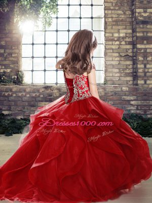 Orange Ball Gowns Organza and Tulle Off The Shoulder Sleeveless Beading Floor Length Lace Up Party Dress for Girls