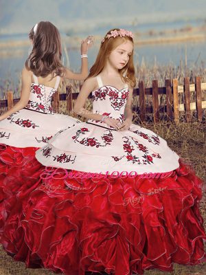 Red Straps Lace Up Embroidery and Ruffles Little Girls Pageant Dress Wholesale Sleeveless