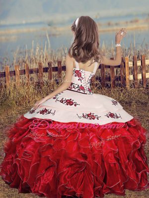 Red Straps Lace Up Embroidery and Ruffles Little Girls Pageant Dress Wholesale Sleeveless