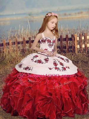 Red Straps Lace Up Embroidery and Ruffles Little Girls Pageant Dress Wholesale Sleeveless