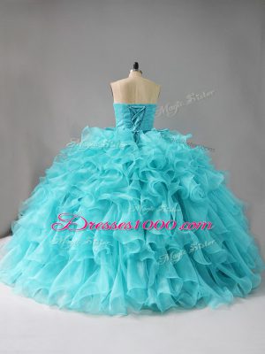 Sweetheart Sleeveless Quinceanera Gowns Beading and Ruffles Aqua Blue Organza