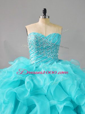 Sweetheart Sleeveless Quinceanera Gowns Beading and Ruffles Aqua Blue Organza