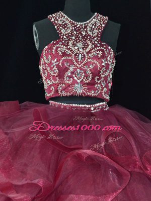 Latest Burgundy Sleeveless Beading and Ruffles Backless Sweet 16 Dresses