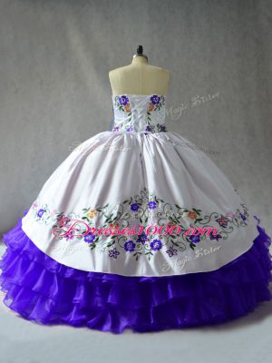 Sexy Sweetheart Sleeveless 15 Quinceanera Dress Floor Length Embroidery and Ruffled Layers Blue And White Organza