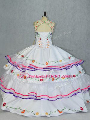 Fine Organza and Taffeta Scoop Sleeveless Lace Up Embroidery and Ruffled Layers Sweet 16 Quinceanera Dress in White