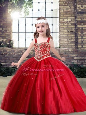 Beading Winning Pageant Gowns Red Lace Up Sleeveless Floor Length