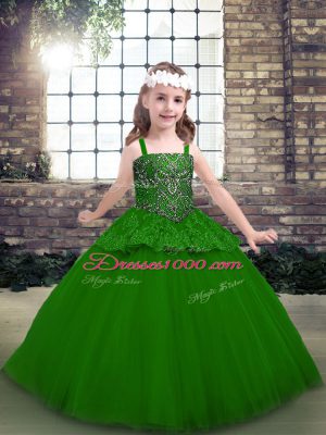 Green Ball Gowns Beading Little Girls Pageant Dress Wholesale Lace Up Tulle Sleeveless Floor Length