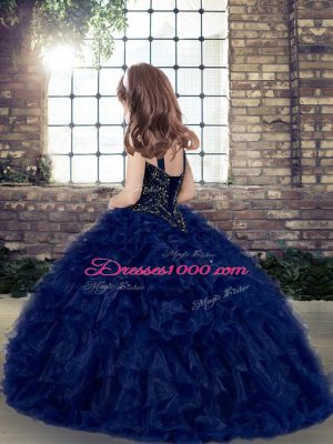 Lovely Straps Sleeveless Girls Pageant Dresses Floor Length Beading and Ruffles Blue Organza