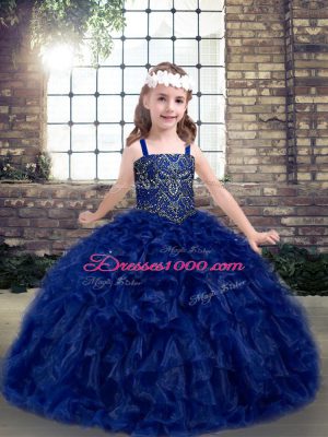 Lovely Straps Sleeveless Girls Pageant Dresses Floor Length Beading and Ruffles Blue Organza