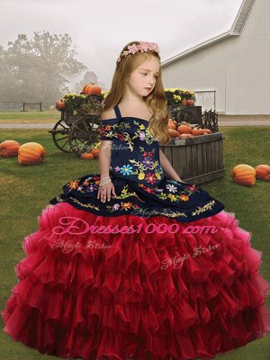 Red Organza Lace Up Straps Sleeveless Floor Length Kids Formal Wear Embroidery