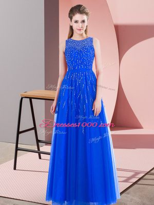 Graceful Blue Sleeveless Floor Length Beading Side Zipper Evening Dress