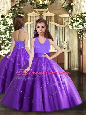 Delicate Purple Tulle Lace Up Halter Top Sleeveless Floor Length 15 Quinceanera Dress Beading