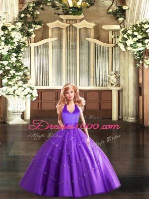 Delicate Purple Tulle Lace Up Halter Top Sleeveless Floor Length 15 Quinceanera Dress Beading