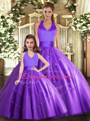 Delicate Purple Tulle Lace Up Halter Top Sleeveless Floor Length 15 Quinceanera Dress Beading