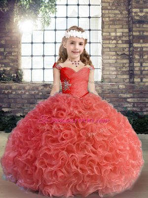 Wonderful Floor Length Red Little Girl Pageant Gowns Straps Sleeveless Lace Up