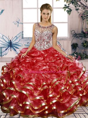 Red Quinceanera Dress Military Ball and Sweet 16 and Quinceanera with Beading and Ruffles Scoop Sleeveless Lace Up