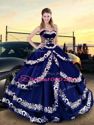 Floor Length Lace Up Quinceanera Gown Royal Blue for Sweet 16 and Quinceanera with Embroidery and Ruffled Layers