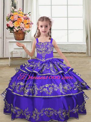 Gorgeous Purple Ball Gowns Embroidery and Ruffled Layers Little Girl Pageant Gowns Lace Up Satin Sleeveless Floor Length