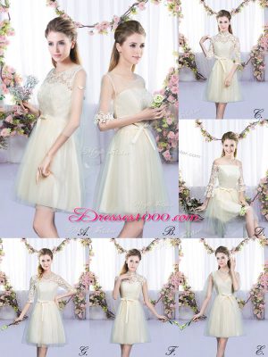 Admirable Champagne Empire Scoop Sleeveless Tulle Mini Length Lace Up Lace and Bowknot Quinceanera Court of Honor Dress