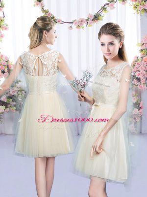 Admirable Champagne Empire Scoop Sleeveless Tulle Mini Length Lace Up Lace and Bowknot Quinceanera Court of Honor Dress