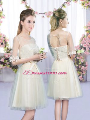 Admirable Champagne Empire Scoop Sleeveless Tulle Mini Length Lace Up Lace and Bowknot Quinceanera Court of Honor Dress