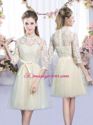 Admirable Champagne Empire Scoop Sleeveless Tulle Mini Length Lace Up Lace and Bowknot Quinceanera Court of Honor Dress