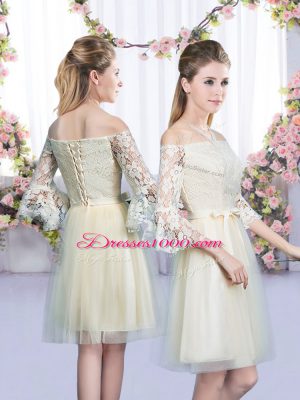 Admirable Champagne Empire Scoop Sleeveless Tulle Mini Length Lace Up Lace and Bowknot Quinceanera Court of Honor Dress