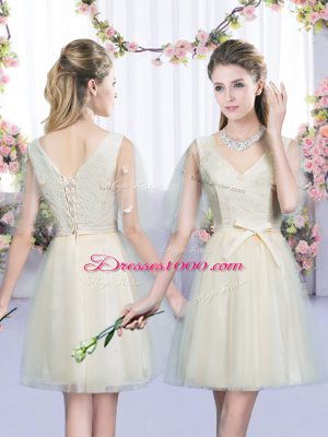 Admirable Champagne Empire Scoop Sleeveless Tulle Mini Length Lace Up Lace and Bowknot Quinceanera Court of Honor Dress