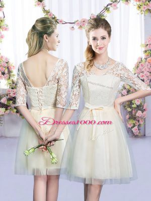 Admirable Champagne Empire Scoop Sleeveless Tulle Mini Length Lace Up Lace and Bowknot Quinceanera Court of Honor Dress