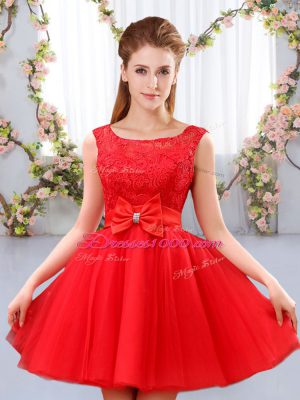 Sophisticated Red Sleeveless Tulle Lace Up Bridesmaid Dress for Wedding Party