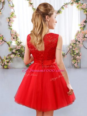 Sophisticated Red Sleeveless Tulle Lace Up Bridesmaid Dress for Wedding Party