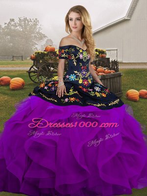 Tulle Off The Shoulder Sleeveless Lace Up Embroidery and Ruffles Vestidos de Quinceanera in Black And Purple