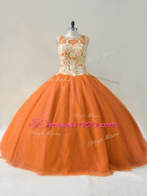 Suitable Orange Sleeveless Beading and Appliques Floor Length Quinceanera Gown
