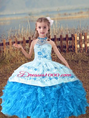 Enchanting Halter Top Sleeveless Pageant Gowns For Girls Floor Length Beading and Embroidery and Ruffles Baby Blue Organza