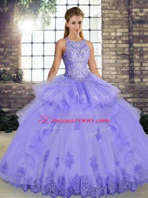 Tulle Scoop Sleeveless Lace Up Lace and Embroidery and Ruffles Sweet 16 Dresses in Lavender