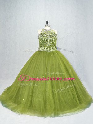 Sophisticated Olive Green Tulle Lace Up Scoop Sleeveless Quinceanera Gowns Brush Train Beading