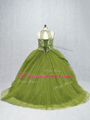 Sophisticated Olive Green Tulle Lace Up Scoop Sleeveless Quinceanera Gowns Brush Train Beading