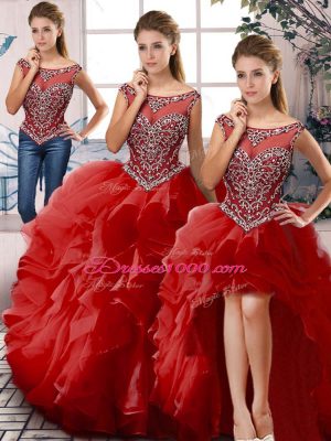 Chic Three Pieces Sweet 16 Quinceanera Dress Red Scoop Organza Sleeveless Floor Length Zipper