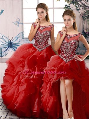 Chic Three Pieces Sweet 16 Quinceanera Dress Red Scoop Organza Sleeveless Floor Length Zipper