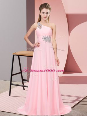 Exceptional Baby Pink Empire Scoop Sleeveless Chiffon Brush Train Side Zipper Beading Prom Evening Gown