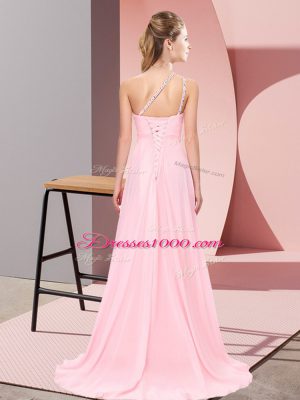 Exceptional Baby Pink Empire Scoop Sleeveless Chiffon Brush Train Side Zipper Beading Prom Evening Gown