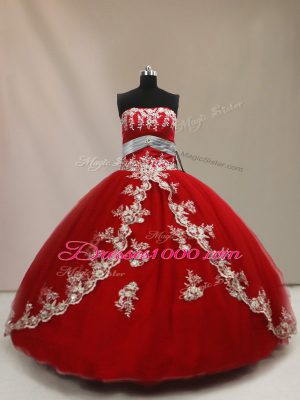Best Strapless Sleeveless Lace Up Sweet 16 Dress Red Tulle