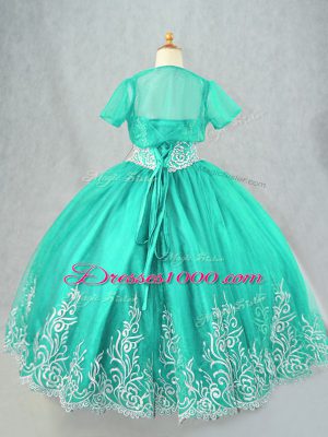 Ball Gowns Child Pageant Dress Turquoise Spaghetti Straps Tulle Sleeveless Floor Length Lace Up