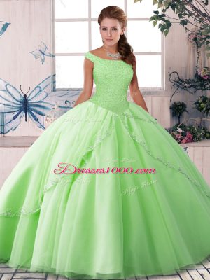 Sleeveless Tulle Brush Train Lace Up Ball Gown Prom Dress for Military Ball and Sweet 16 and Quinceanera